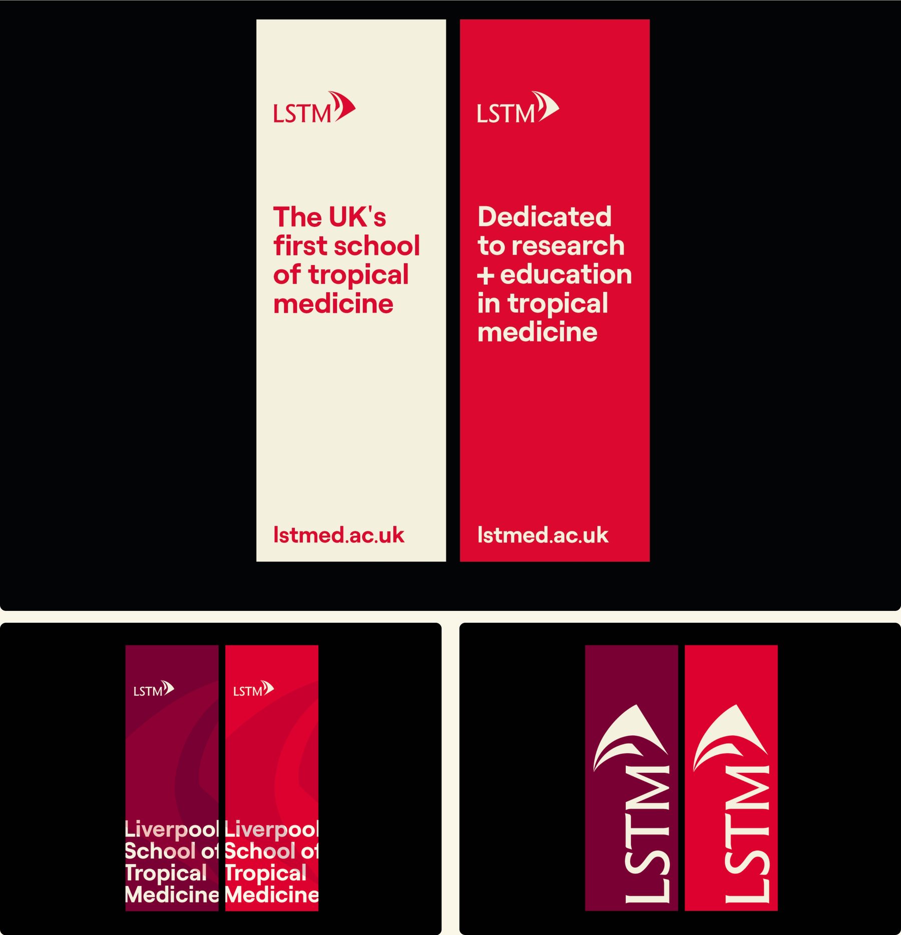 Long vertical banners: one sand and one red with the logo at the top and a short headline; two with the full name in large type over a Super Sail background; and two with the logo rotated to run vertically.