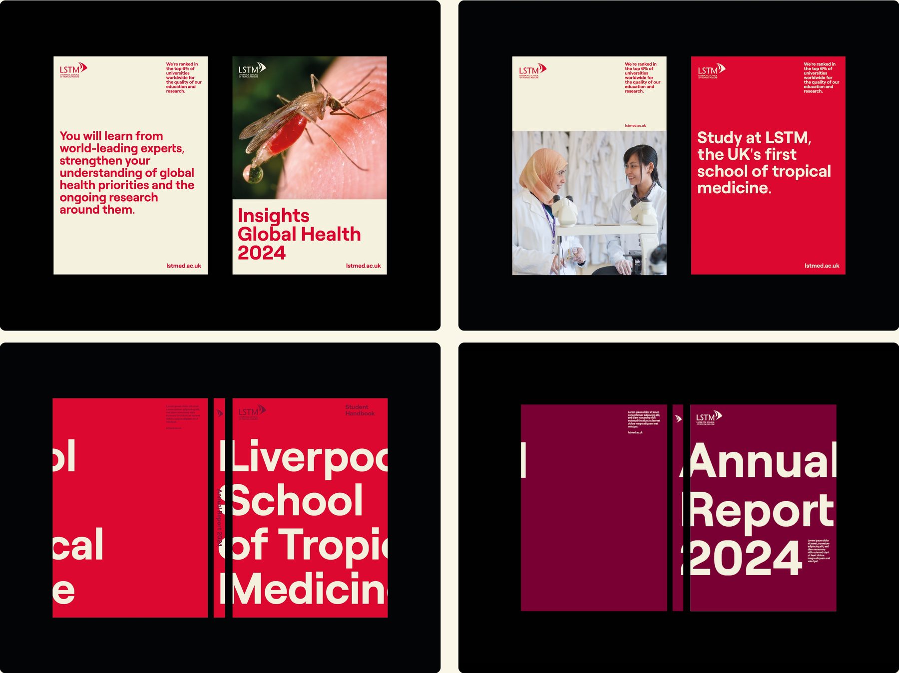 Four pairs of portrait designs: prospectus-style covers with text and photography, a Student Handbook cover and an Annual Report 2024 cover. Each has the logo top left and a narrow column of text on the right.