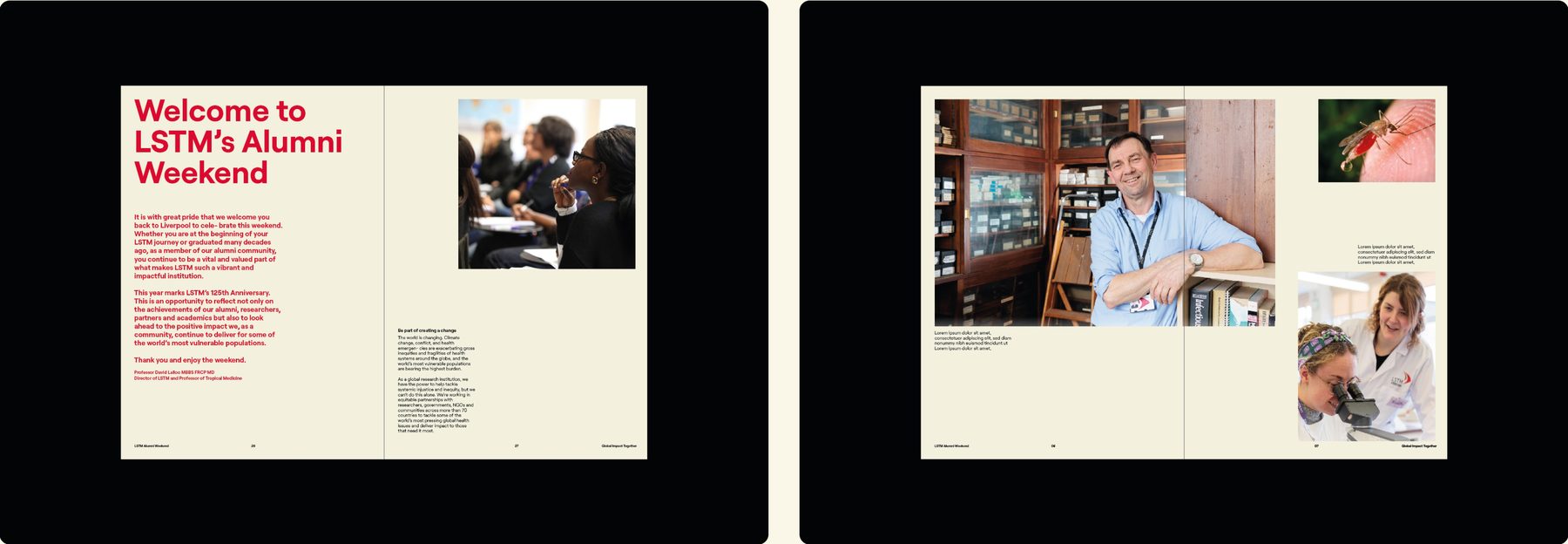 Two more spreads: an alumni weekend welcome page with a photo, and a photo-led spread with portraits of researchers.