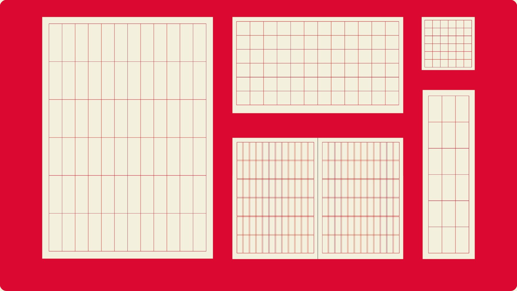 Five grid diagrams on red: a tall portrait grid, a landscape grid, a two-page spread, a small square grid and a long narrow grid.