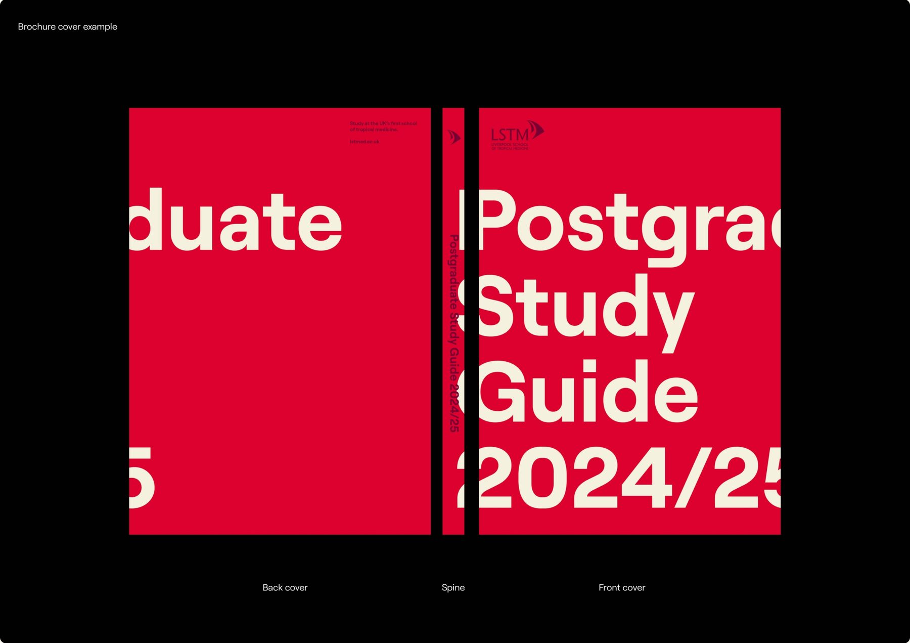 A red Postgraduate Study Guide 2024/25 brochure. The title in large sand-coloured type runs off the edges of the front cover and continues across the spine and back cover.